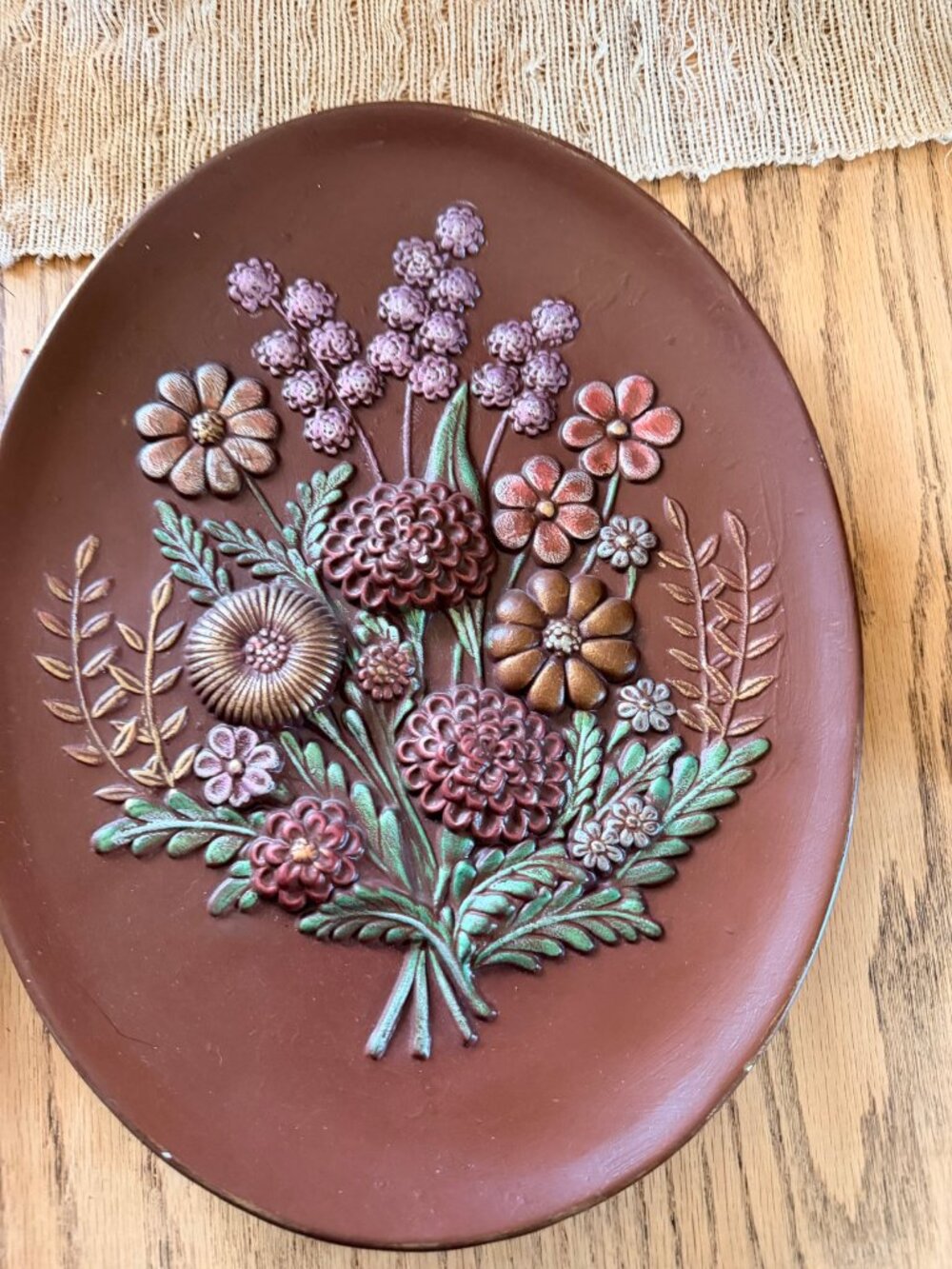 Vintage Floral Wall Plaques Pair Oval Relief Flowers Brown 70s Boho Decor